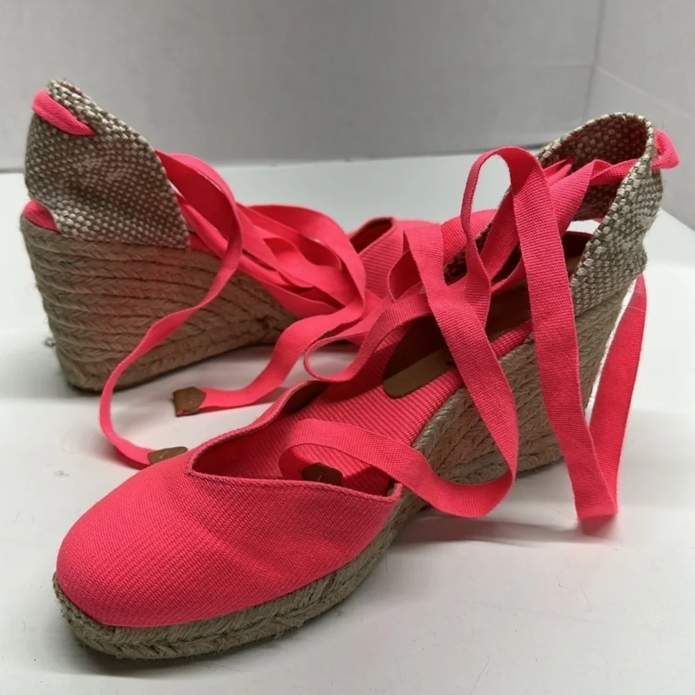 Castaner Espadrilles Wedges Sandals Wrap Around Shoe Lace Up Neon Pink Size US 9